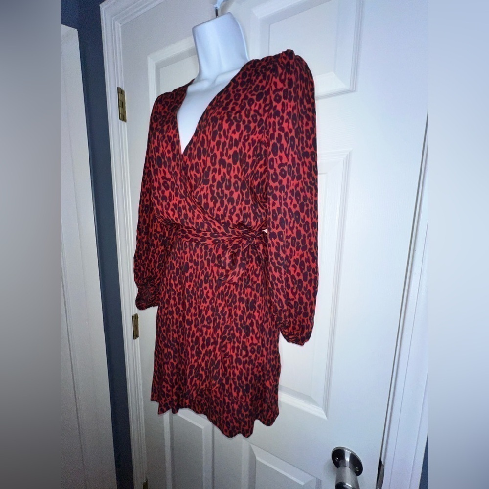 NWT IRO Women’s FR 40 L Red Animal Print Boina Wrap Mini Dress US 8 Long Sleeve - Picture 7 of 16